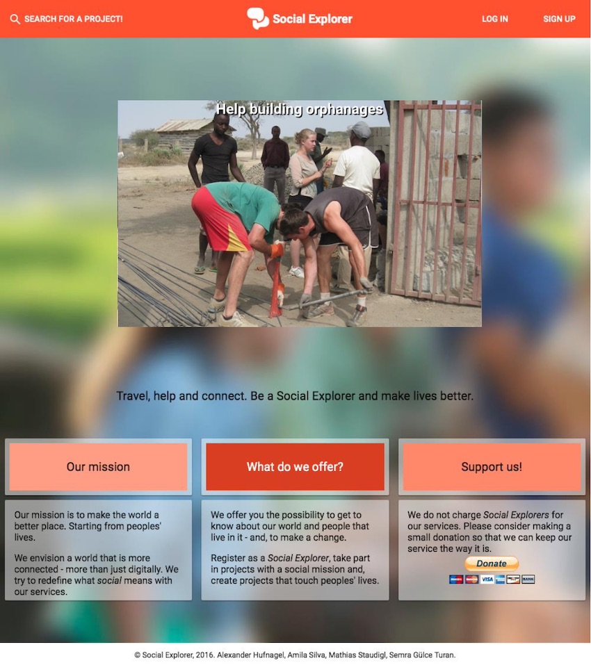 Social Explorer landing page featuring a volunteer construction project